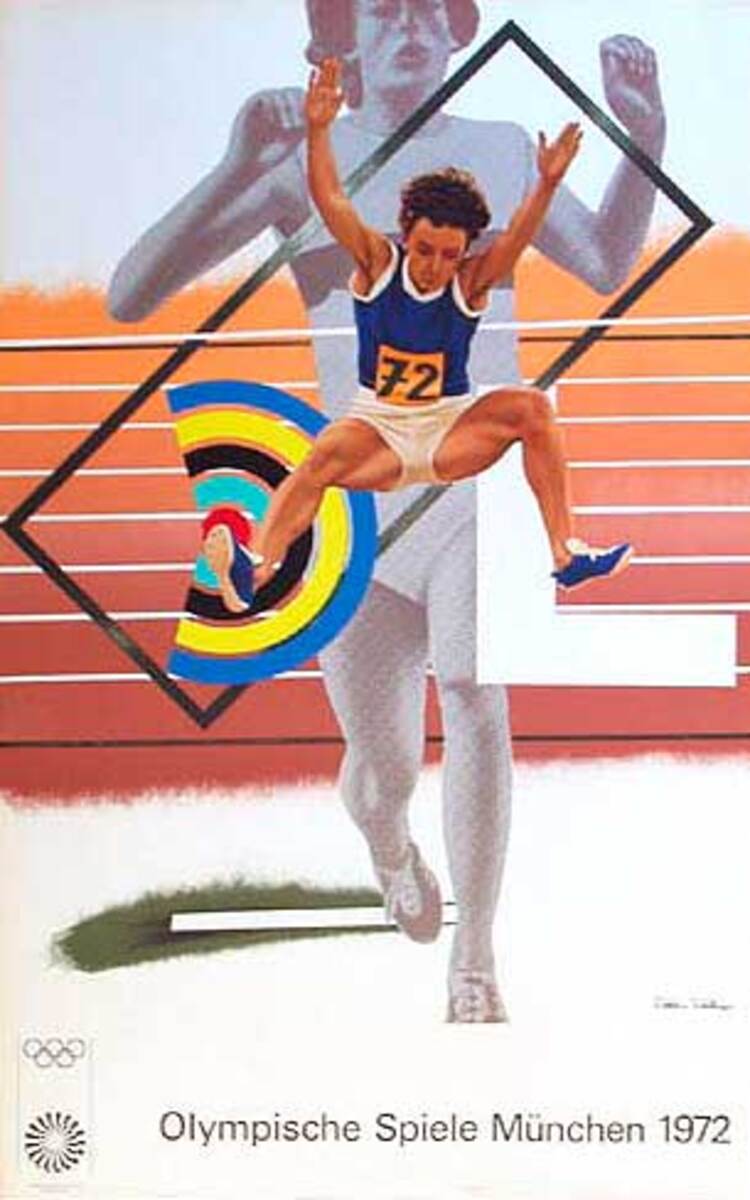 Original 1972 Munich Olympics Art Series Poster Hurdlers