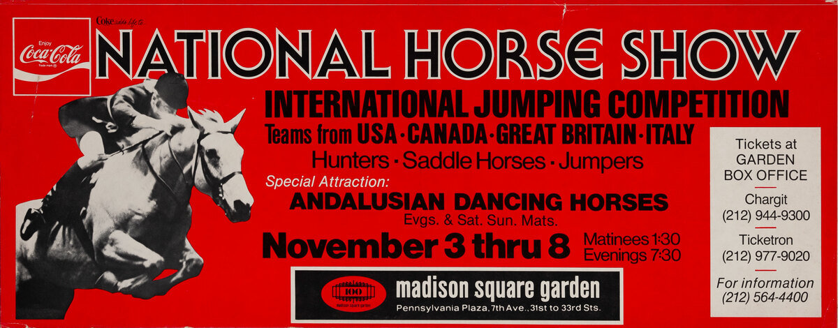 National Horse Show International Jumping Competition Nov 3-8 Madison Square Garden Advertising Poster
