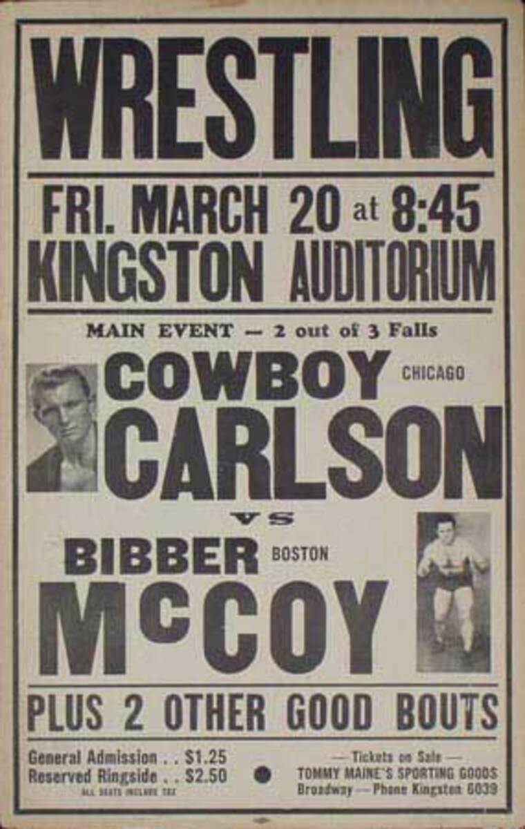 Pro Wrestling Original Poster Cowboy Carlson vs Bibber McCoy  Plus 2 Other Good Bouts