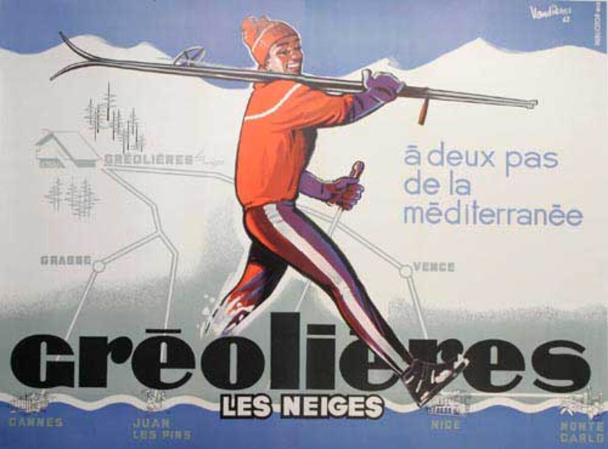 Original French Advertising Travel Ski Poster Greolieres