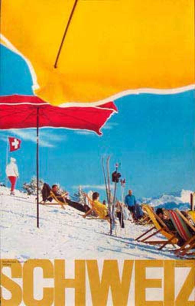 Original Vintage Swiss Ski Travel Poster SCHWEIZ photo