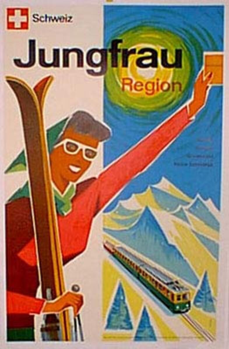 Original Vintage Swiss Travel Poster Jungfrau Ski