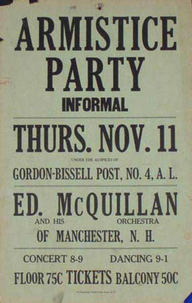 Ed McQuillen and His Orchestra Original Advertising Poster Armistice Party