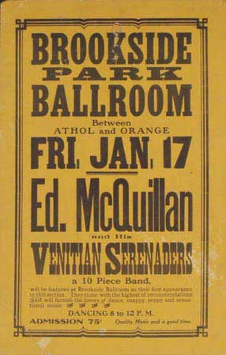 Ed McQuillen and His Orchestra Original Vintage Advertising Poster Brookside Park