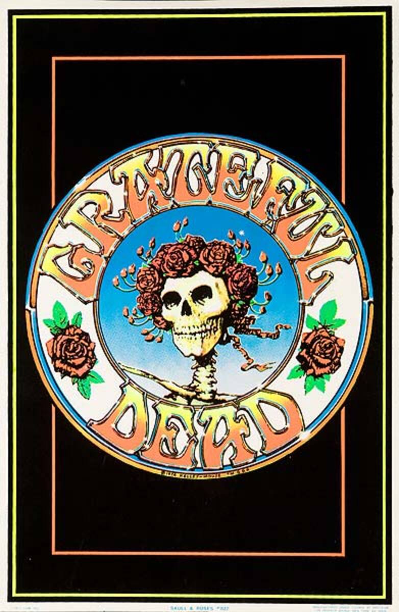 Skull and Roses Original Grateful Dead lack Velvet Poster 