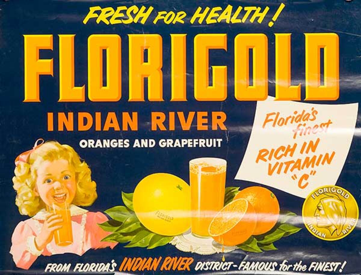 Florida Gold Indian River Grapefruit and Oranges Original American Advertising Poster