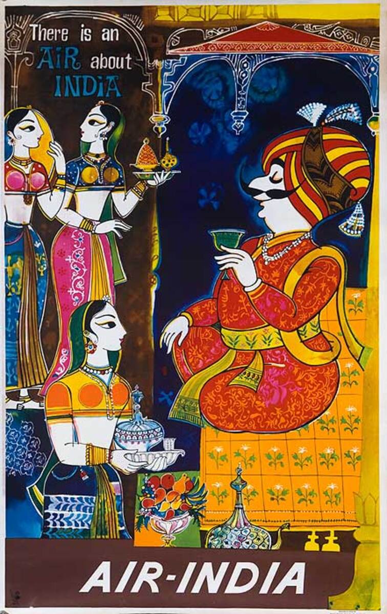 There is an Air About India Original Air India Travel Poster Mascot The Maharaja with Harem