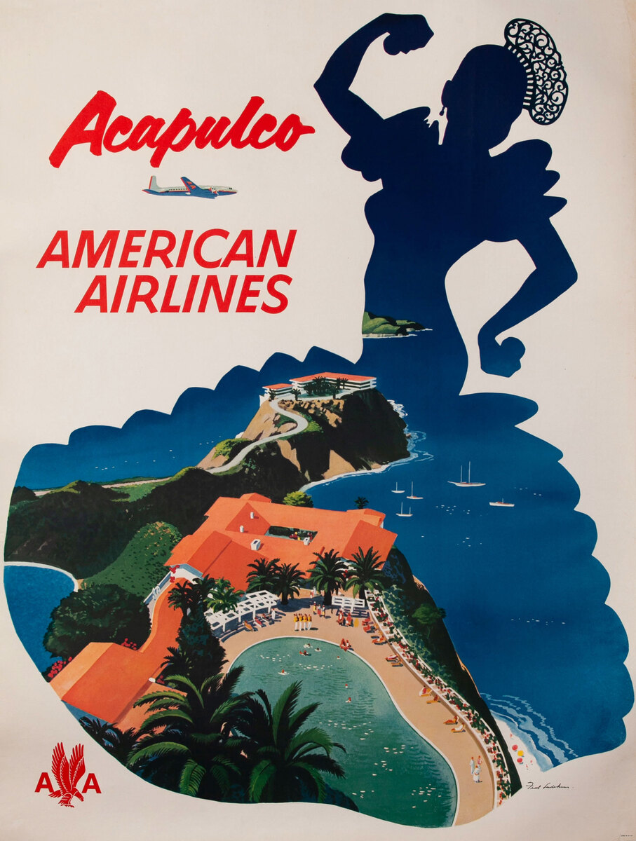 American Airlines Acapulco Silouette Original Vintage Travel Poster