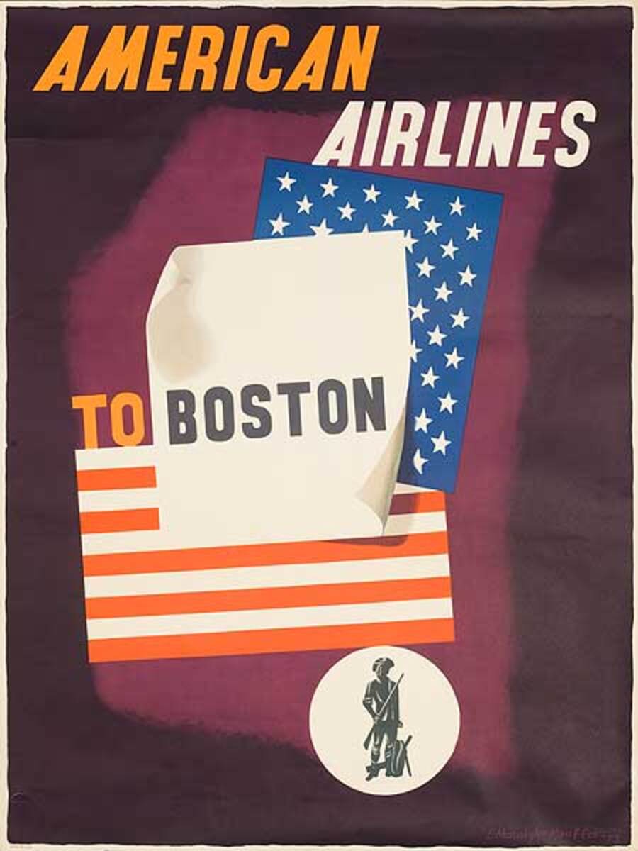 American Airlines Boston Original Vintage Travel Poster Kauffer