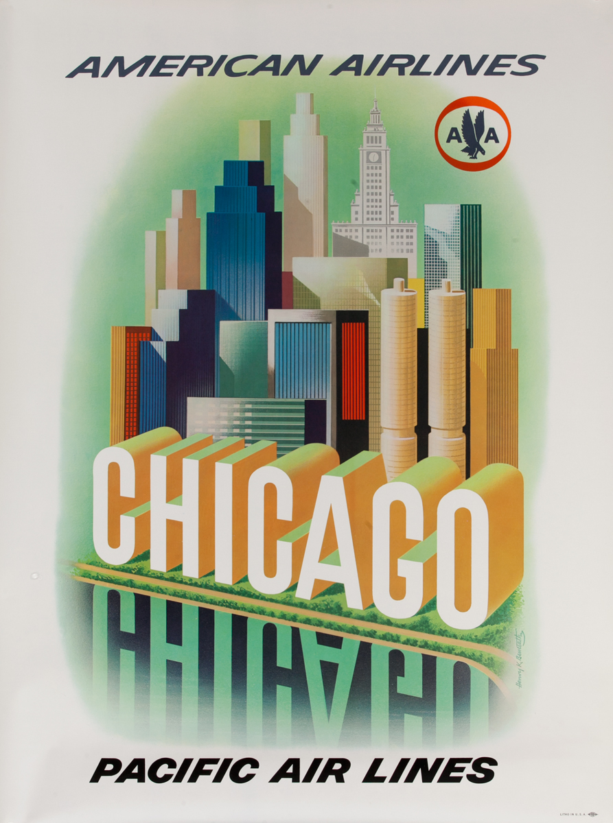 American Airlines Chicago Original Travel Poster buildings