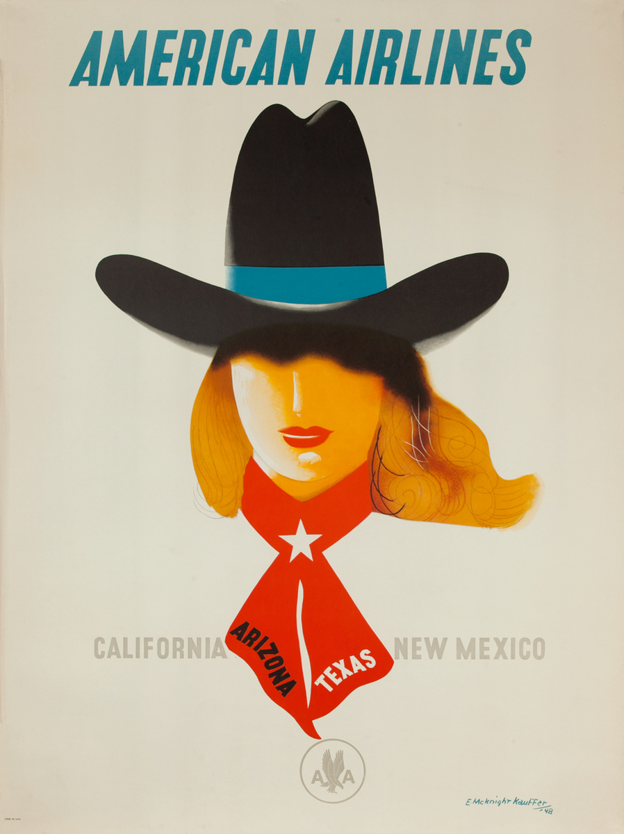 American Airlines Travel Poster, California, Arizona, Texas, New Mexico Cowgirl