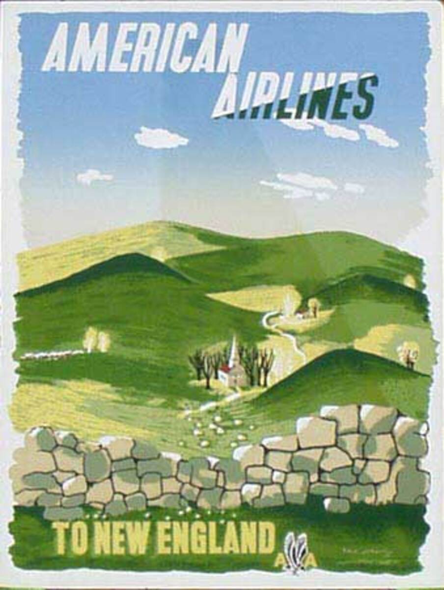 American Airlines New England McKnight Kauffer Original Vintage Advertising Travel Poster