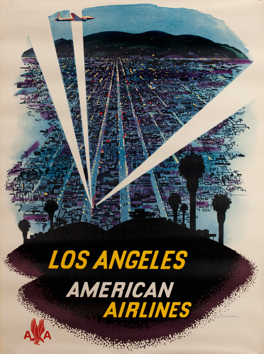American Airlines Los Angeles  Searchlights Original Vintage Travel Poster