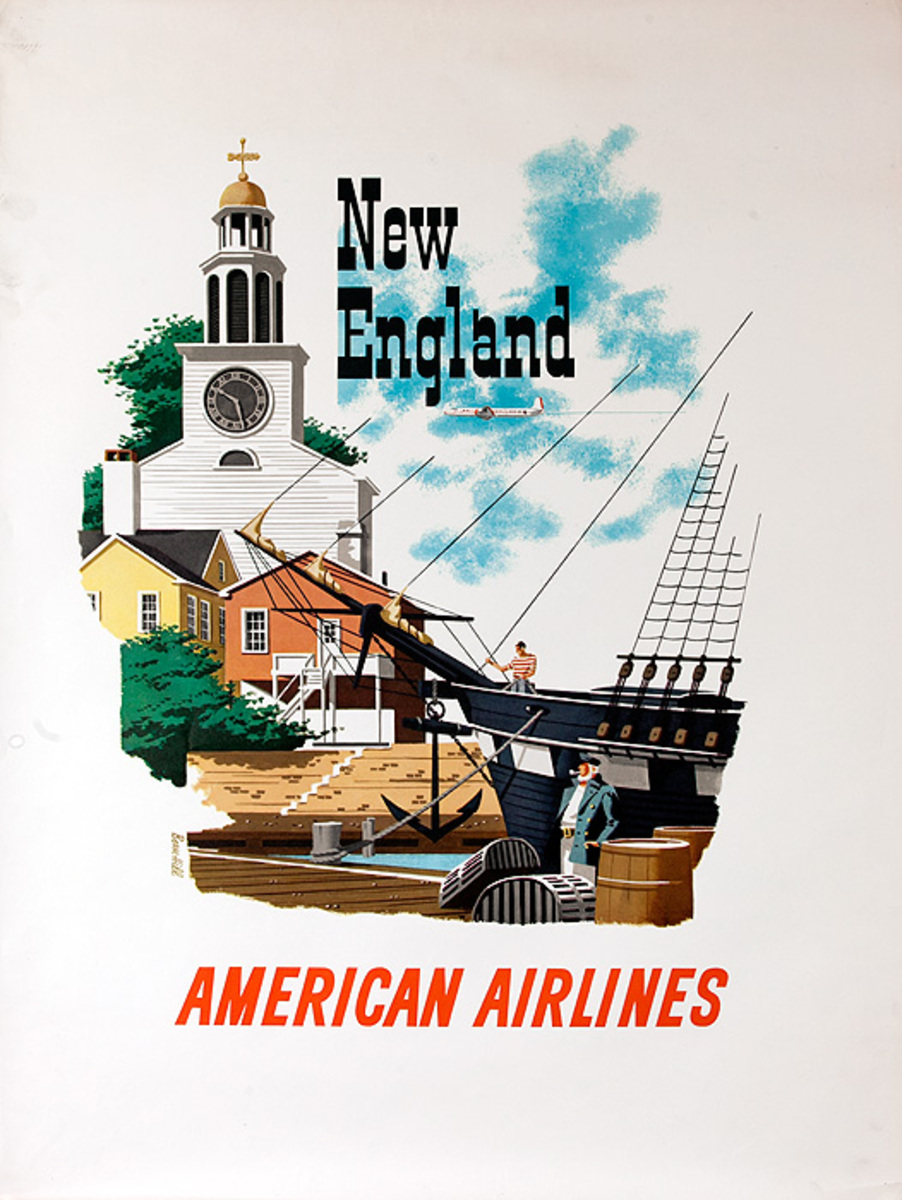 American Airlines New England Original Vintage Travel Poster
