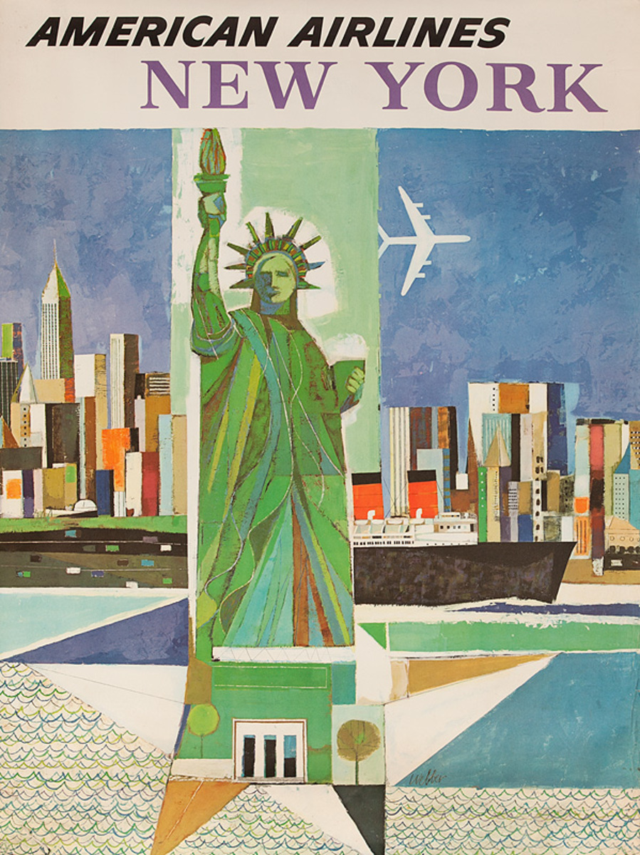 American Airlines New York  City Original Travel Poster Webber Statue of Liberty