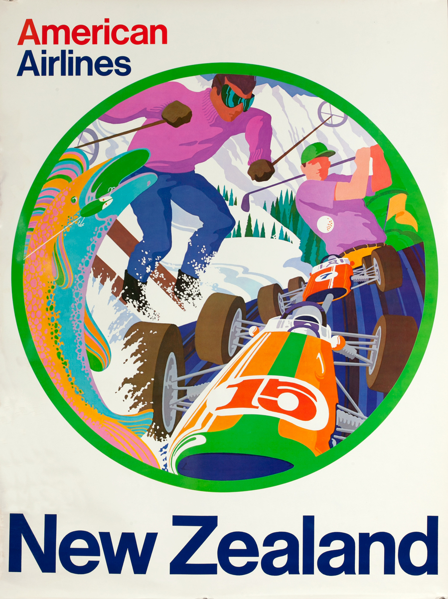 American Airlines New Zealand Ski Golf Original Vintage Travel Poster