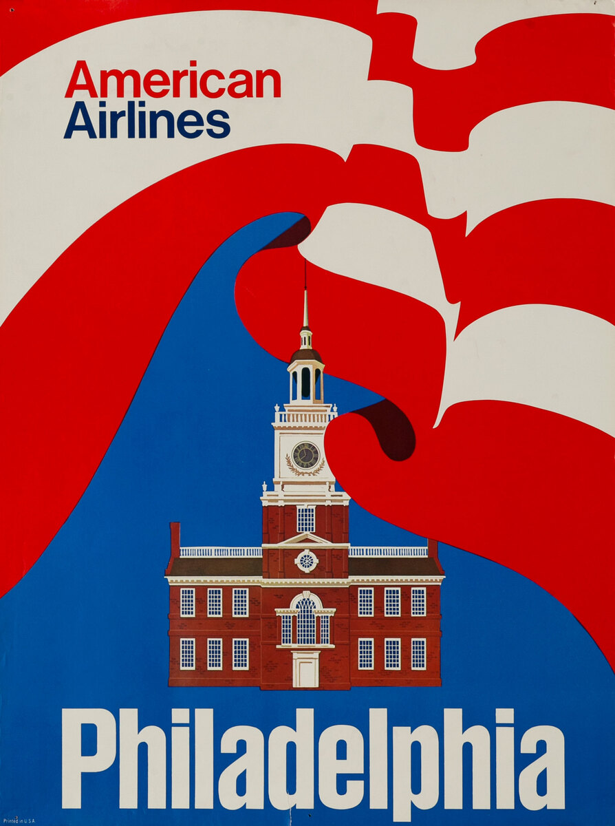 American Airlines Philadelphia Original Travel Poster Red White and Blue