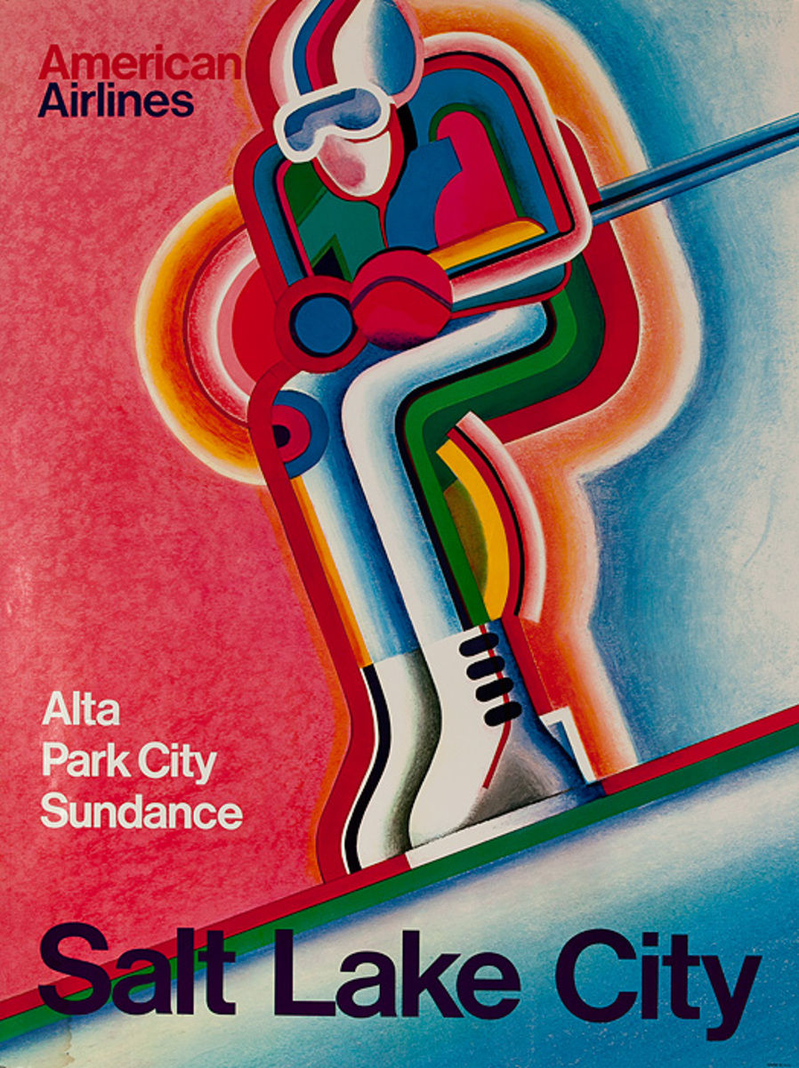 Salt Lake City American Airlines Original Travel Poster Skier 