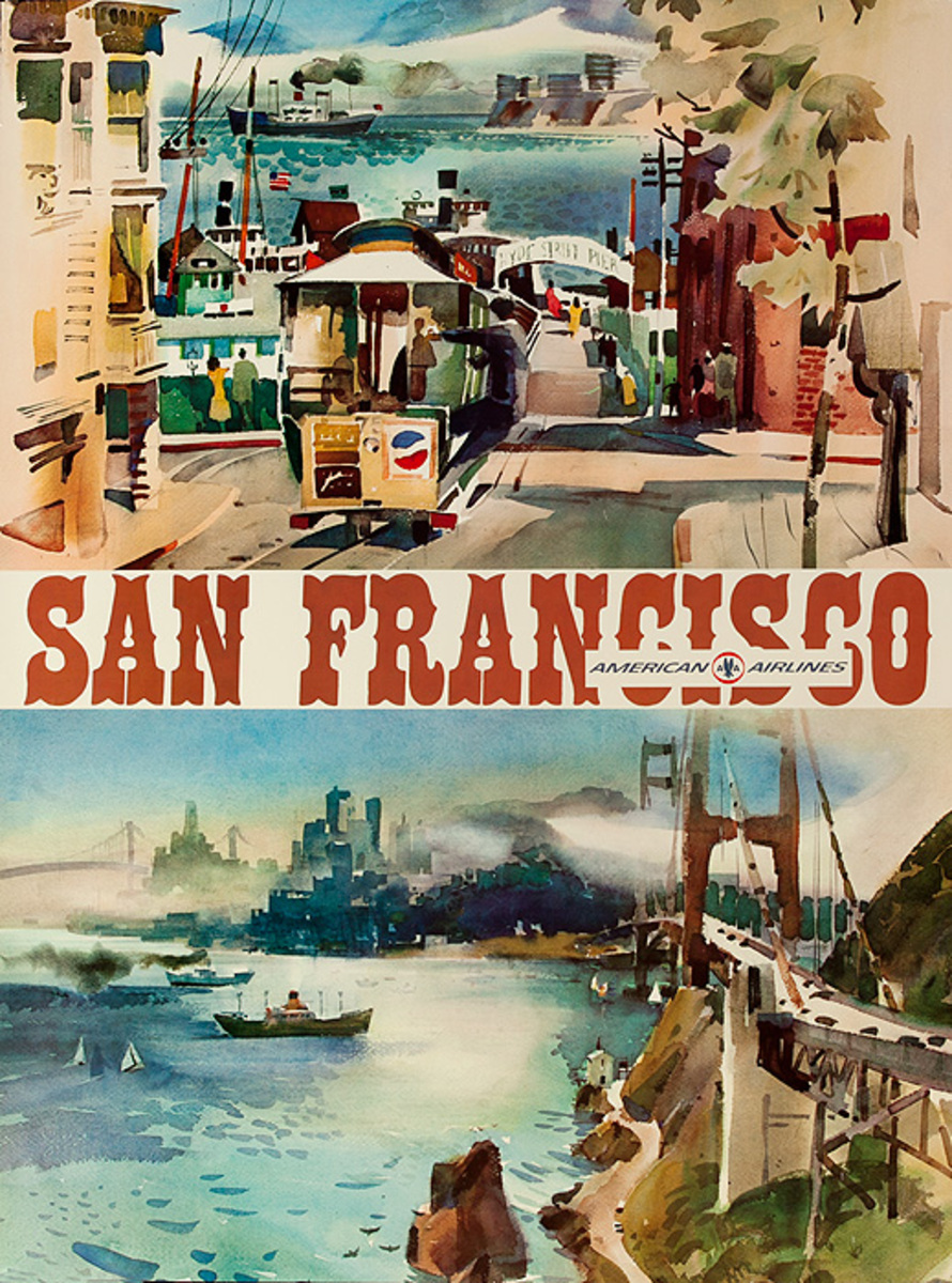 American Airlines San Francisco Original Vintage Travel Poster Watercolor