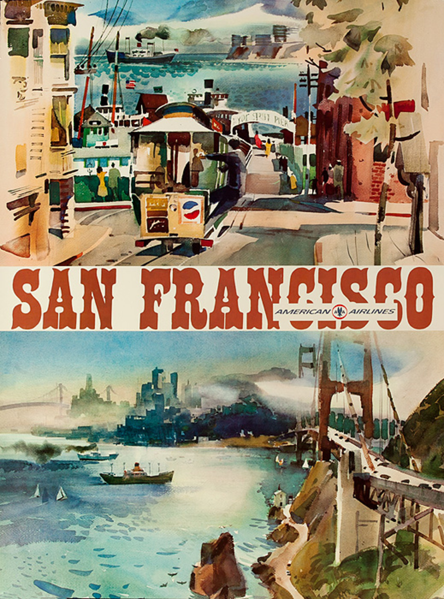 American Airlines San Francisco Original Travel Poster Watercolor