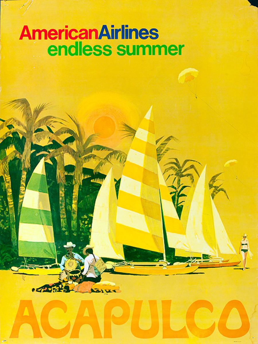 American Airlines Original Vintage Travel Poster Endless  Summer Acapulco