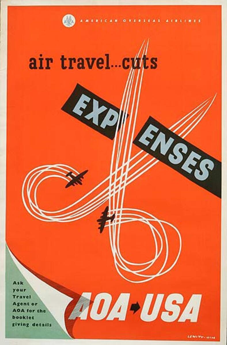 American Overseas Airlines Original Travel Poster AOA Air Travel Cuts Expenses