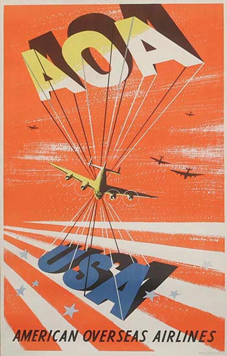 American Overseas Airlines Original Travel Poster AOA USA red background