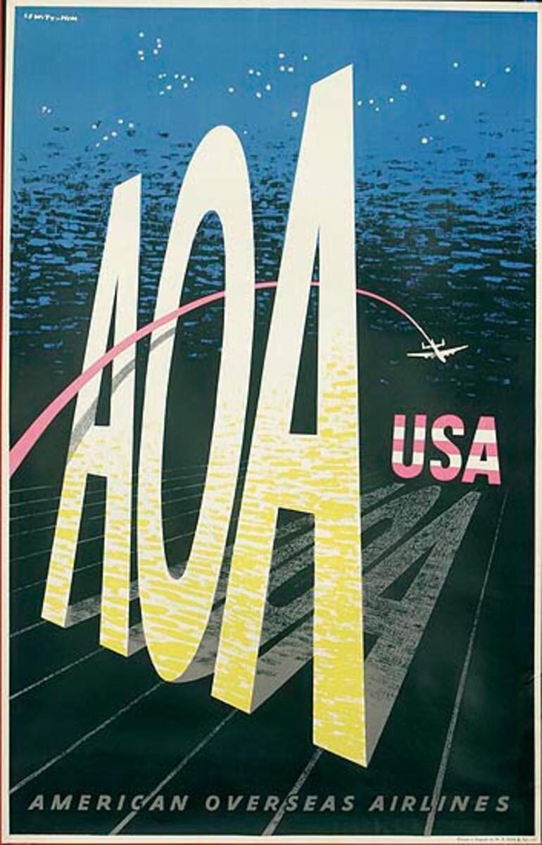 American Overseas Airlines Original Travel Poster AOA USA, night 
