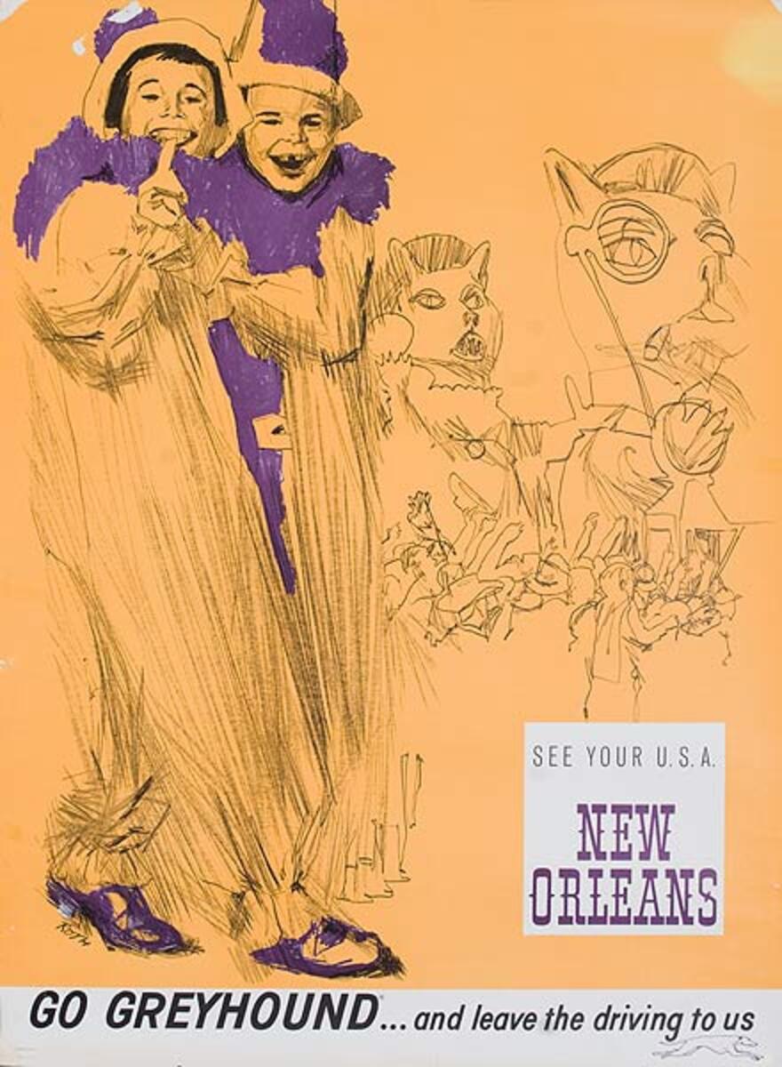 See Your USA New Orleans Original Greyhound Bus Poster Mardi Gras Masks