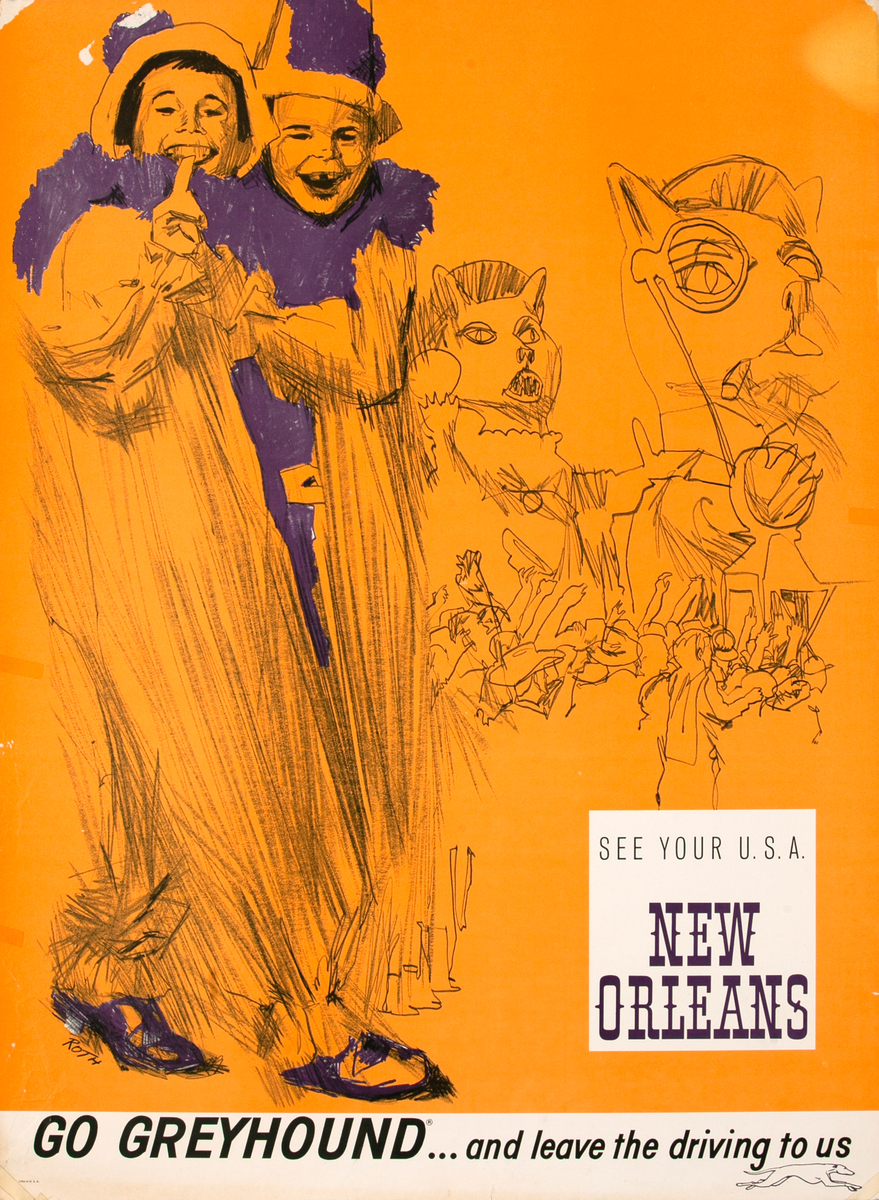 See Your USA New Orleans Mardi Gras - Original Greyhound Bus Poster Mardi Gras Masks