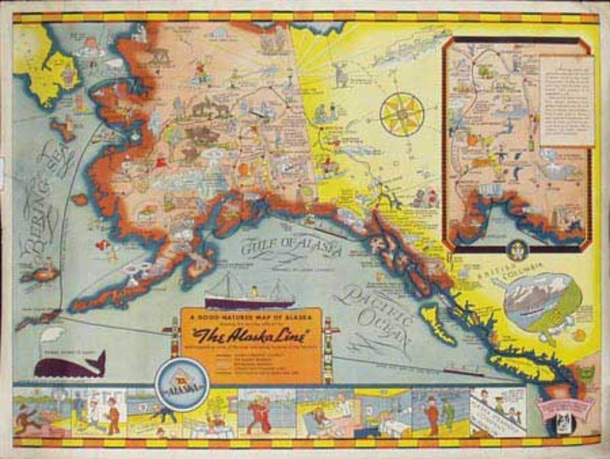 Alaska Lines Cruise Lines Original Vintage Poster Map