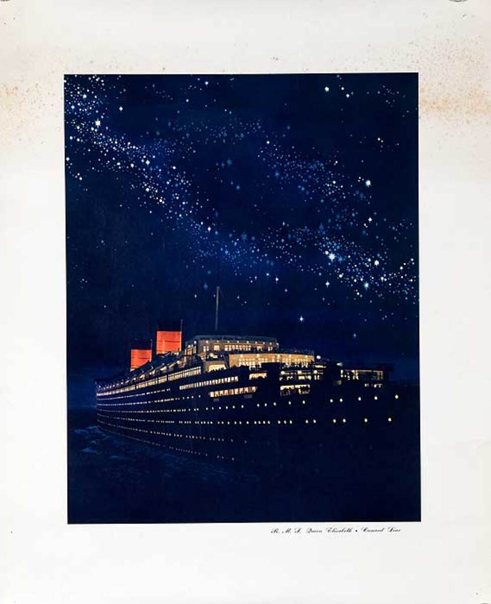 RMS Queen Elizabeth  Cunard Line Original Travel Poster night view