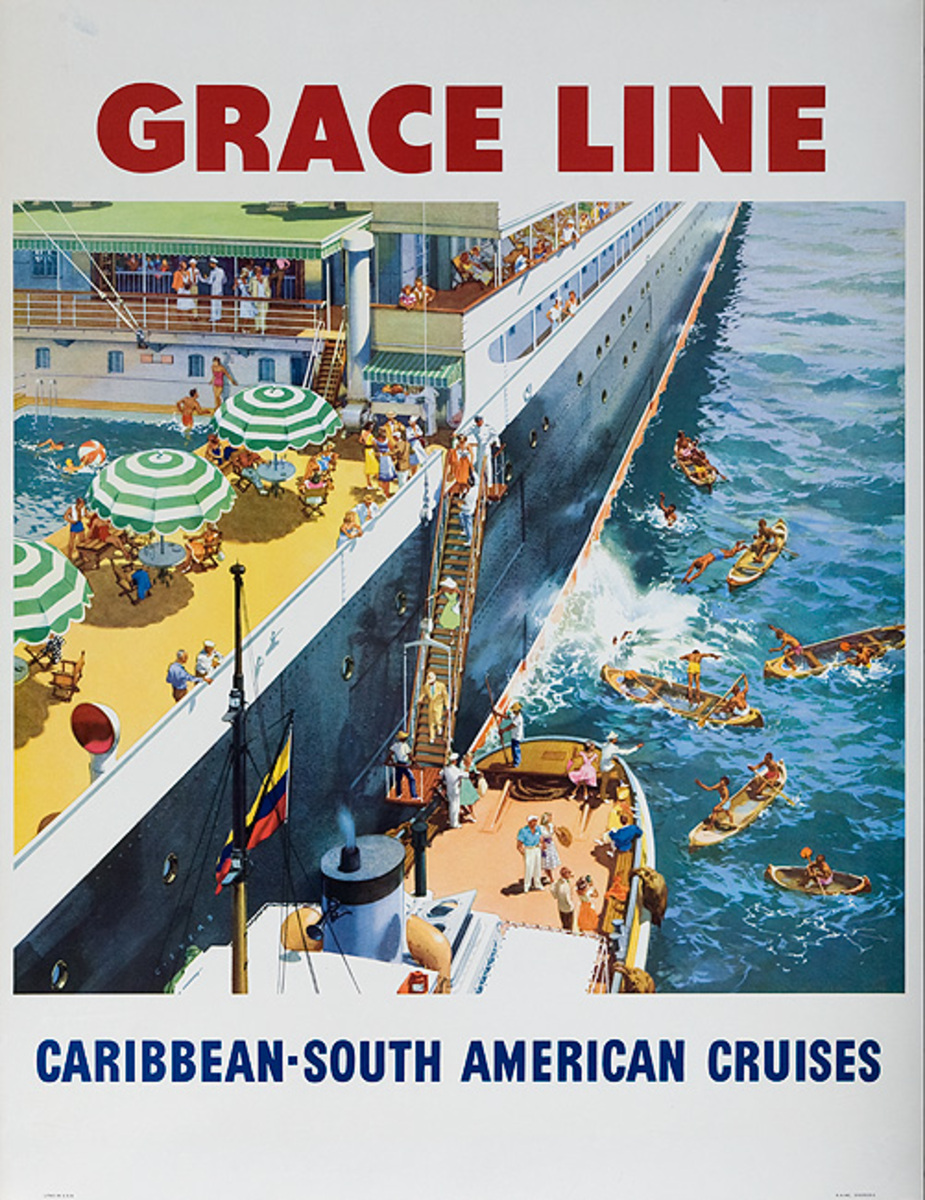 Grace Lines Boatside Swim Original Vintage Travel Poster