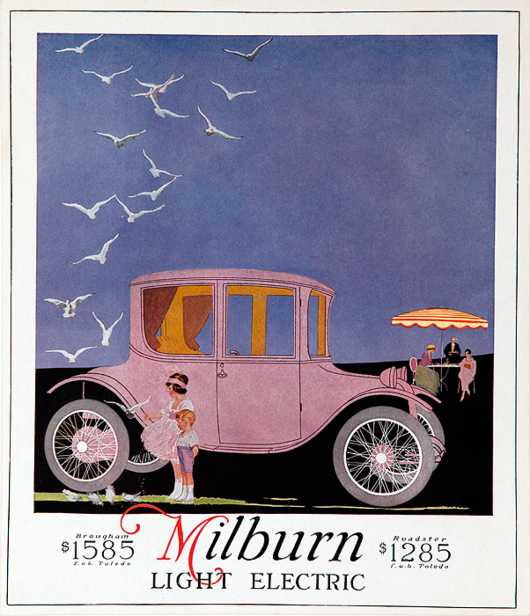 Original Vintage Milburn Electric Car Advertising Poster pink