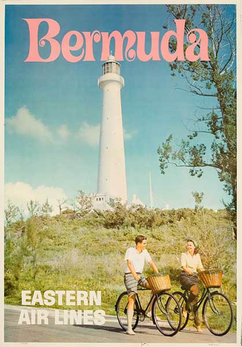 Bermuda Original Eastern Air Lines Travel Poster Couple On Bicycles