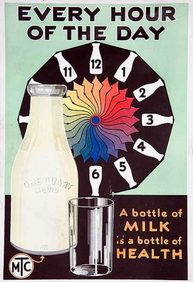 Every Hour Of The Day Original Milk Bottle Advertising Poster