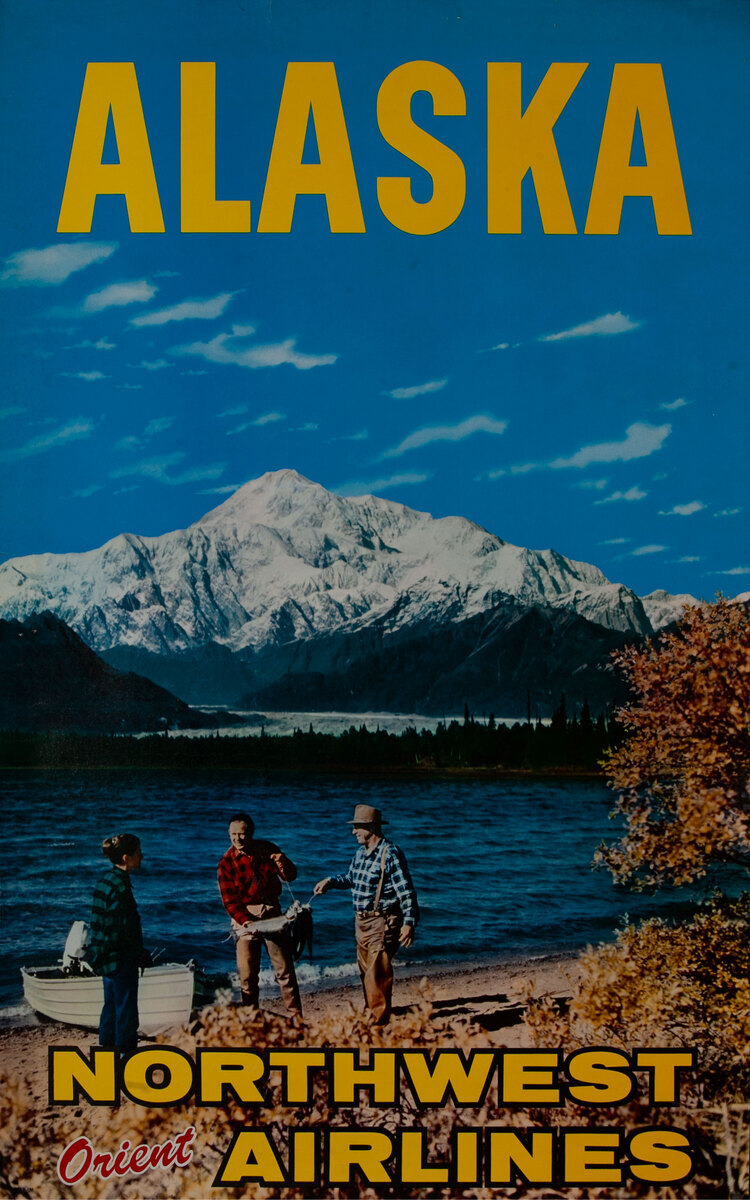 Northwest Orient Airlines Alaska Original Vintage Travel Poster Flyfishing