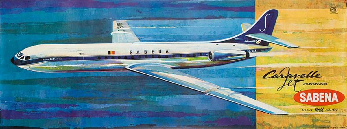 Sabena Airlines Original Vintage Travel Poster Caravelle Jet Flying