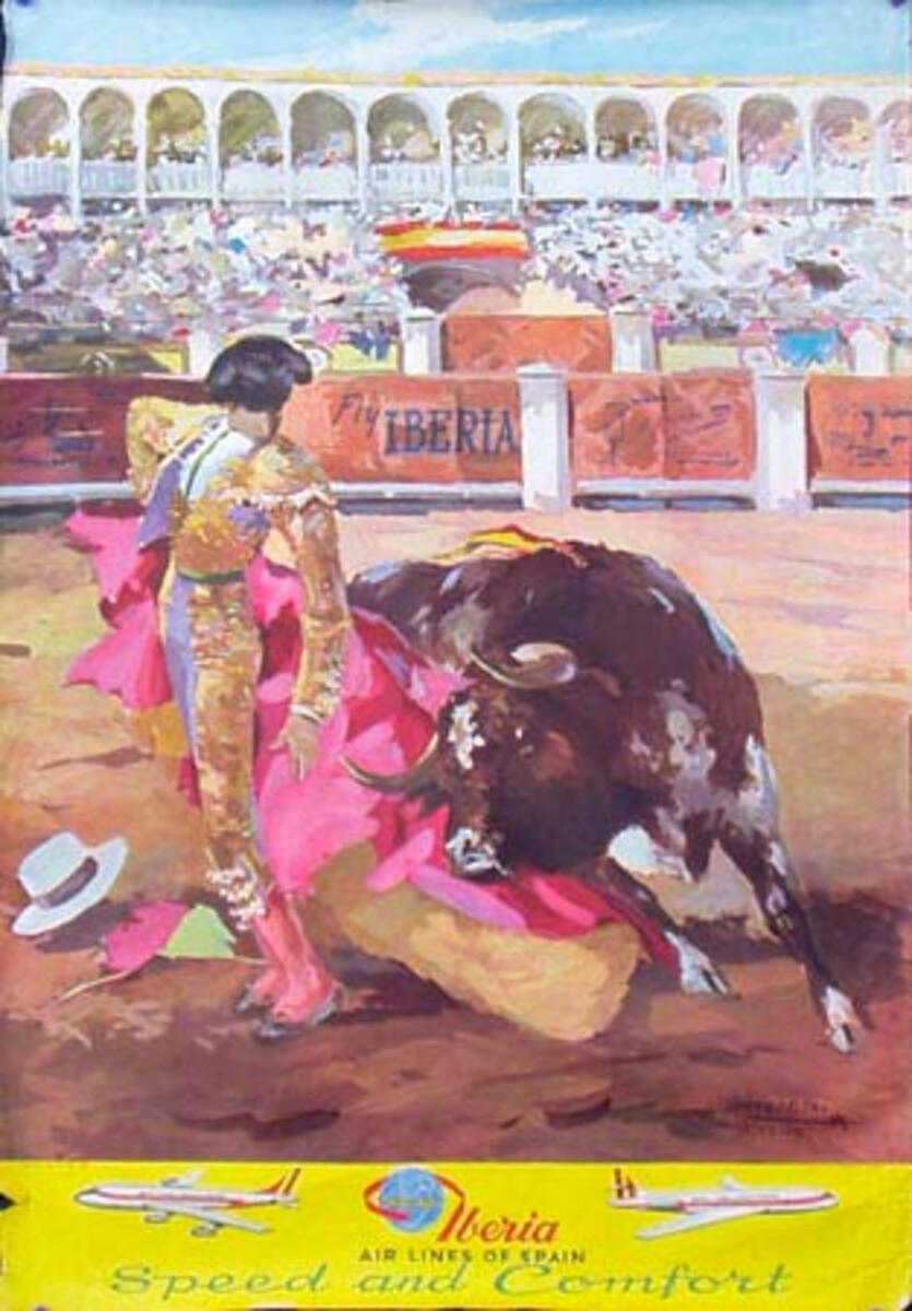 Iberia Airlines Travel Poster Speed and Comfort Bullfight Original Vintage Travel Poster
