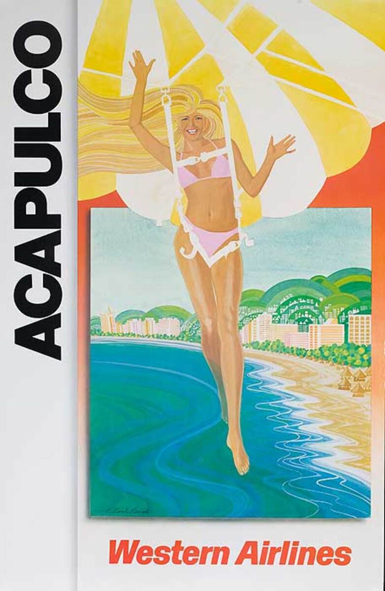 Western Airlines Acapulco Original Travel Poster Parasailing