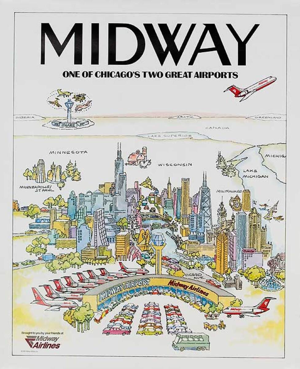Midway Airlines Original Travel Poster One of Chicago's Two Great Airports