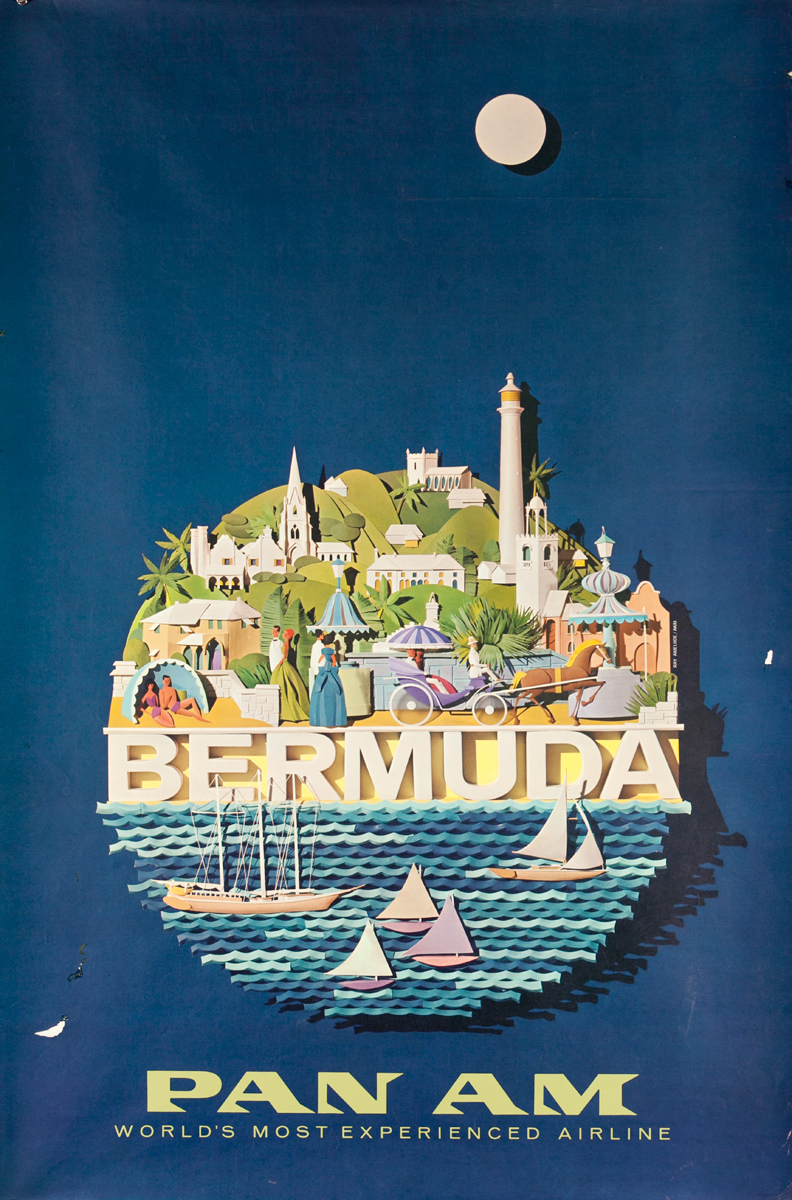 Pan Am Airlines Bermuda paper collage,  Original Vintage Travel Poster