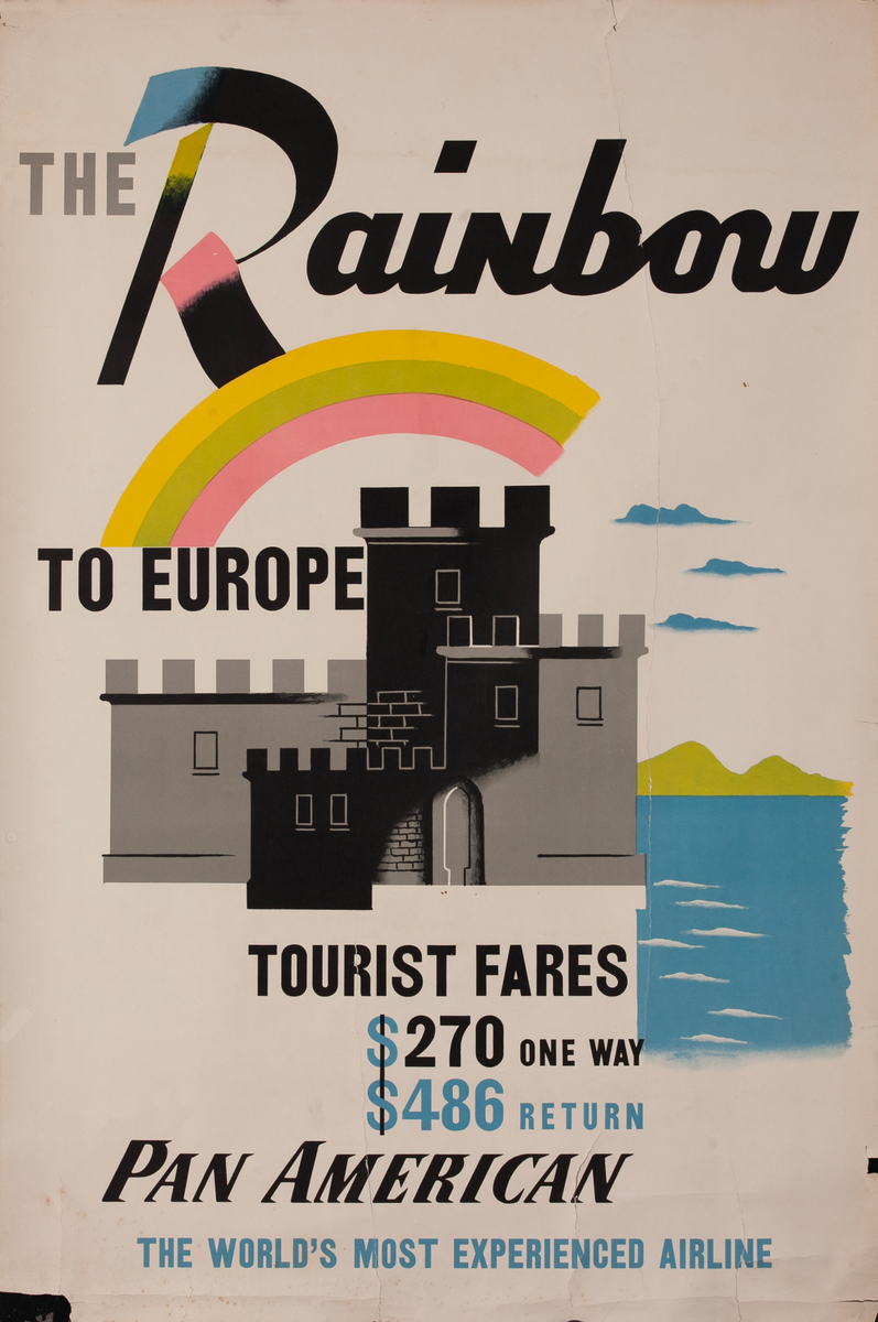 Pan Am Airlines The Rainbow to Europe Original Travel Poster