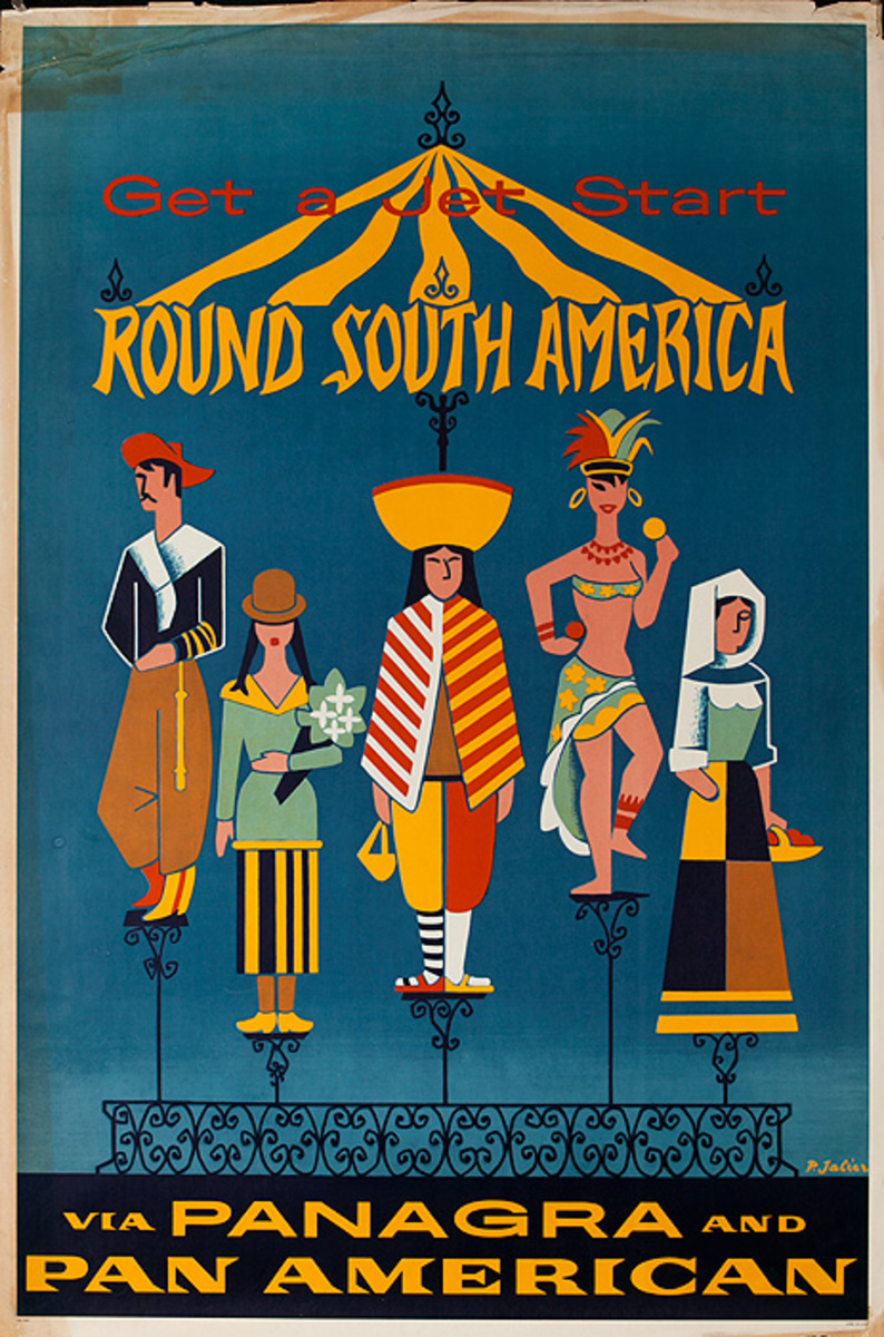 Original Pan Am Airways Travel Poster Round South America