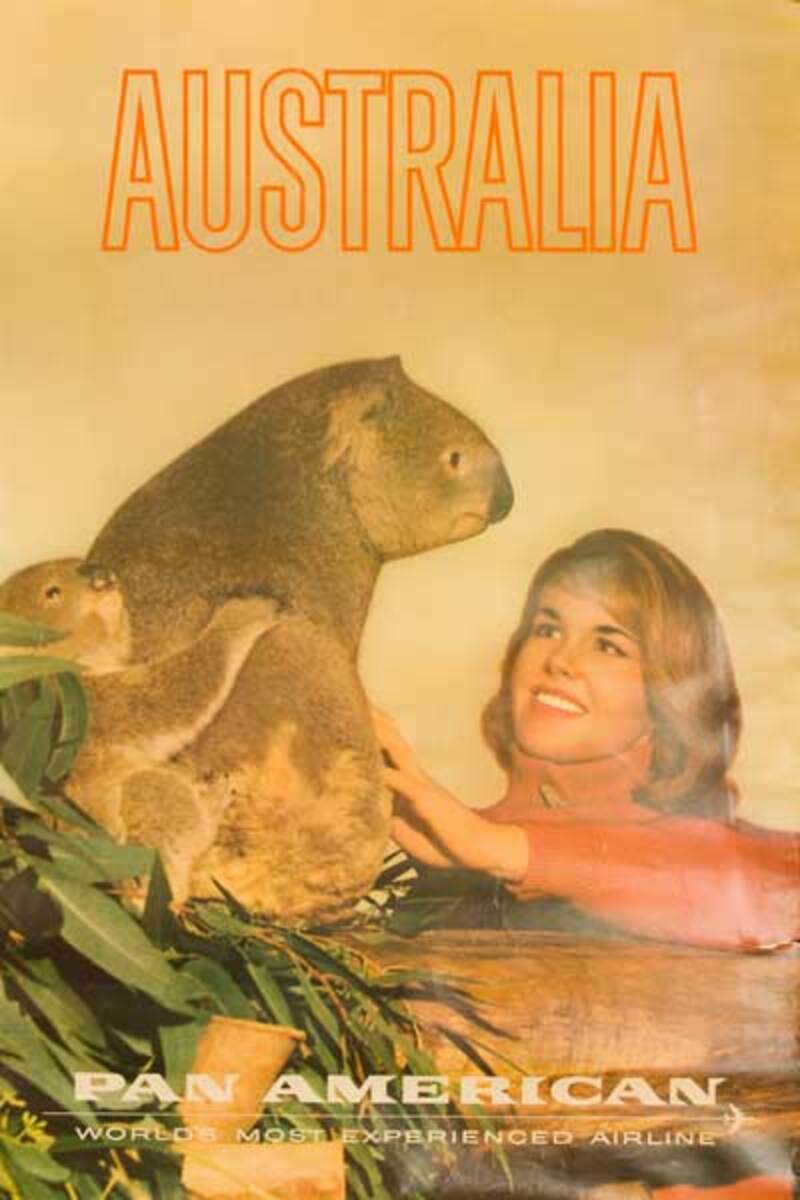 Pan Am Australia Original Travel Poster Woman with Koala photo