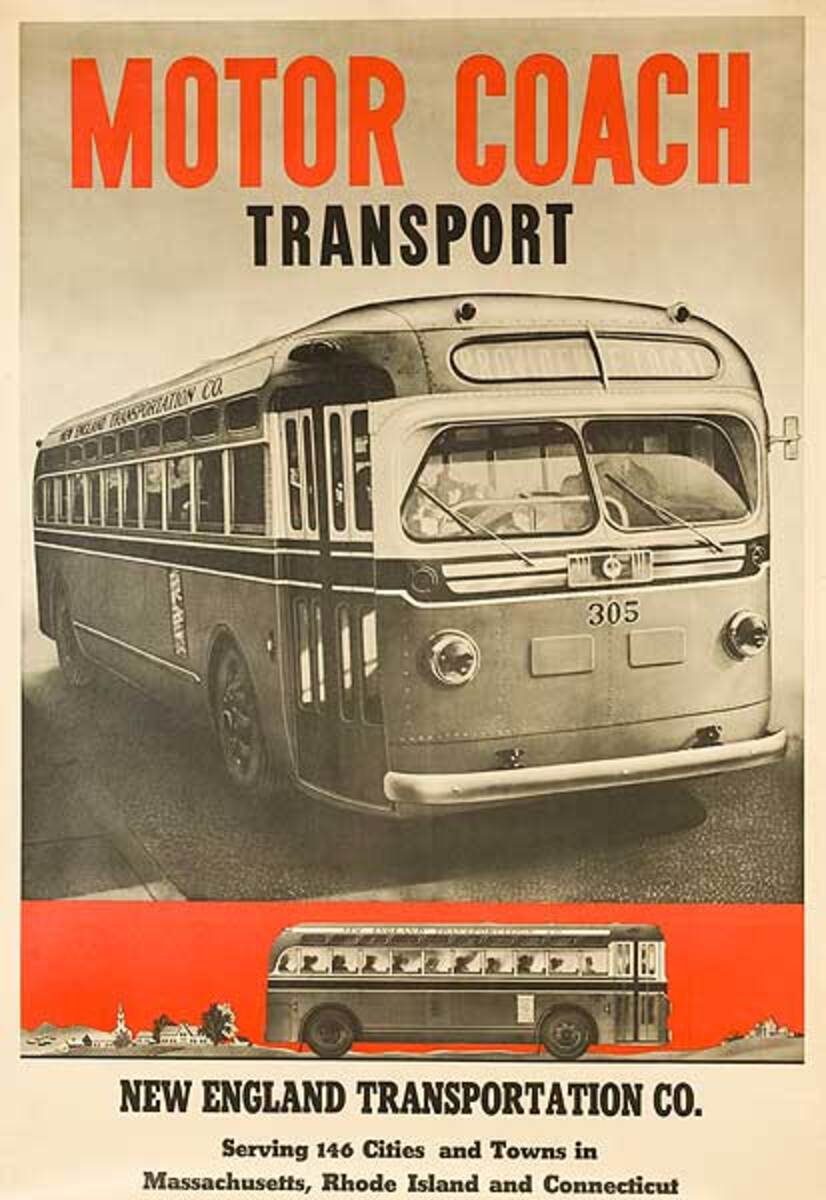 New Haven Railroad Original Vintage Travel Poster Motor Coach