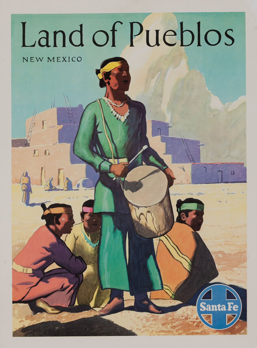 Santa Fe Railroad Vintage Travel Poster Land of Pueblos