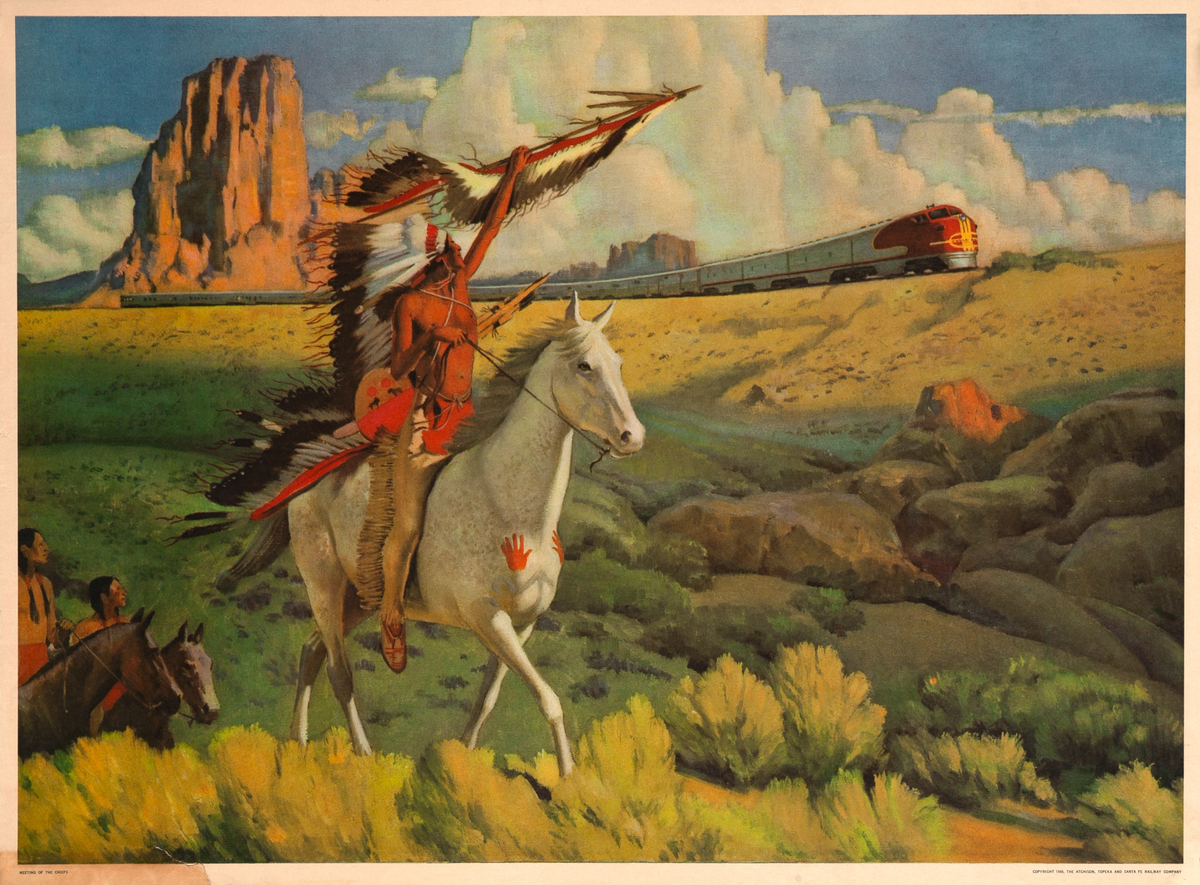A Meeting of The Chiefs Original Original Santa Fe Railroad Advertsing Poster