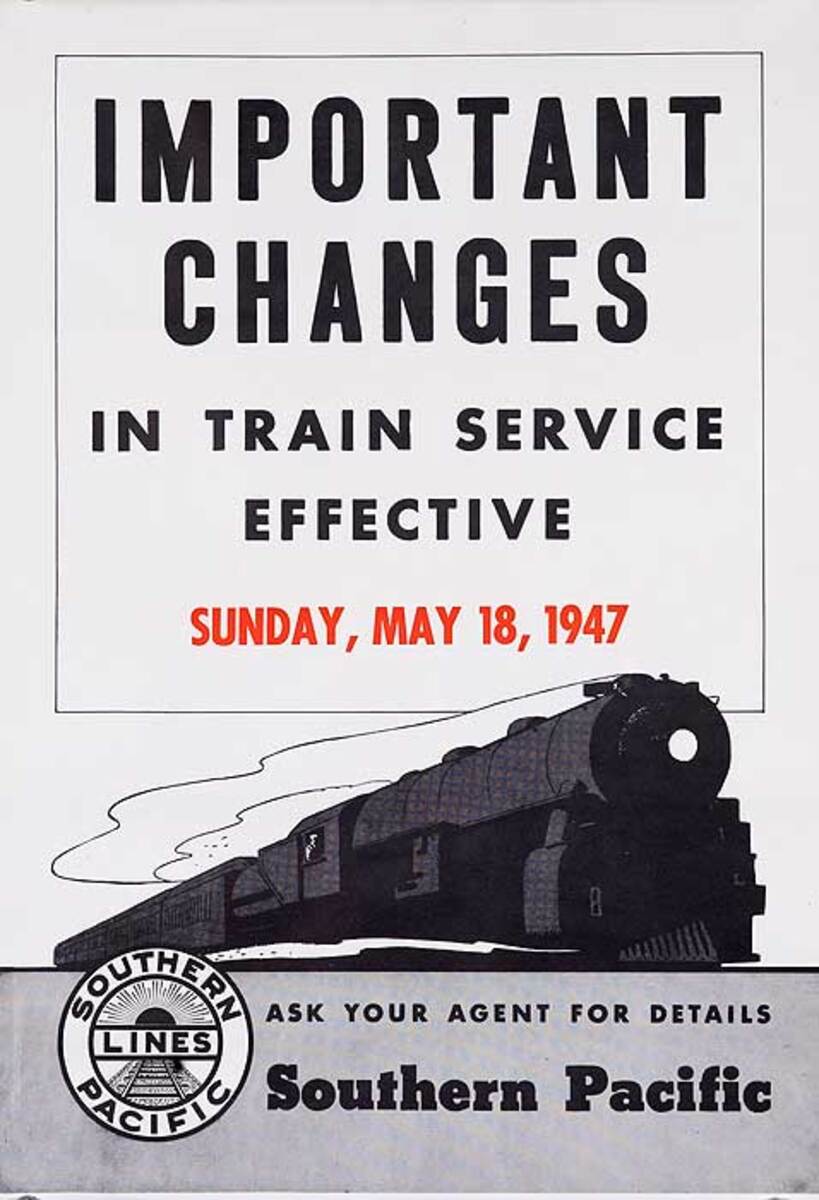 Southern Pacific Important Change in Services Original American Railraod Poster