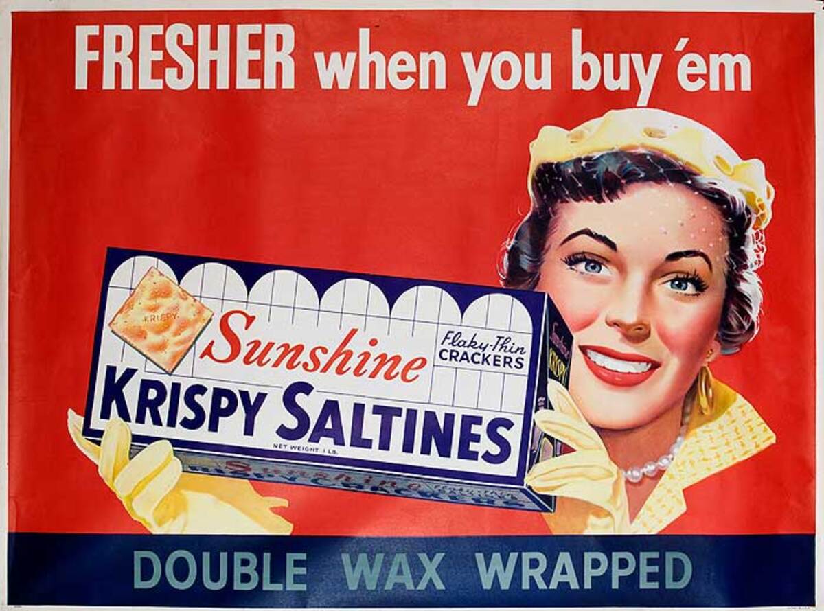 FRESHER when you buy 'em  Sunshine Krispy Saltines Original American Advertising Poster